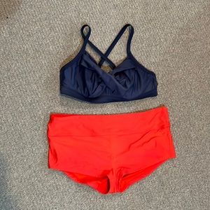 Athleta bikini blue top 36B/C red bottom L